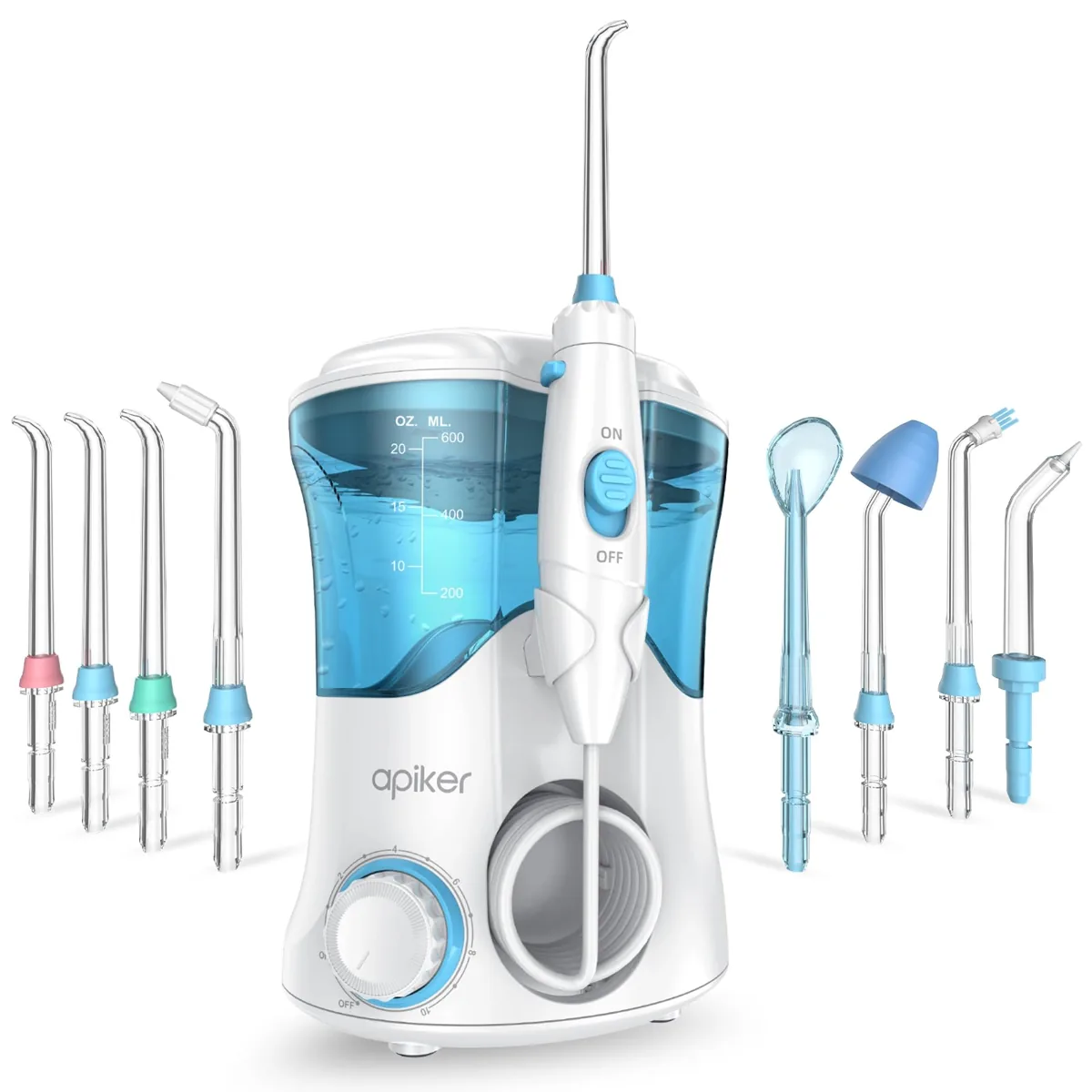 Apiker FC169 irrigador dental de sobremesa · 600 ml · 10 niveles · 20-150 PSI · 8 boquillas