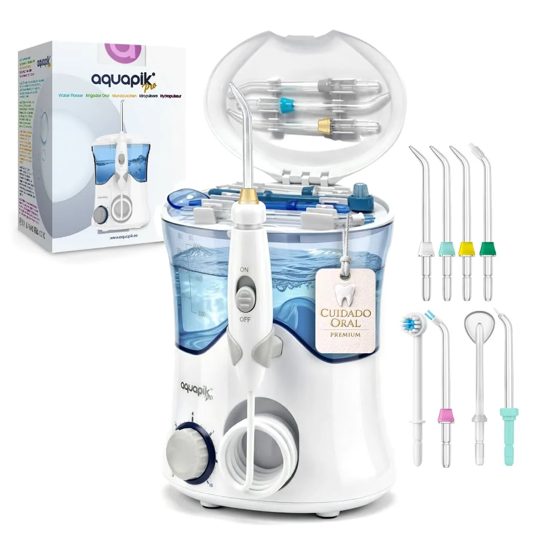 Aquapik PRO irrigador dental de sobremesa · 600 ml · 10 niveles · 8 boquillas