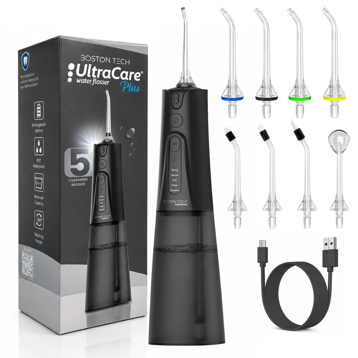 Aquapik UltraCare Plus (Boston Tech) irrigador dental portátil · 8 boquillas · 5 modos · 300 ml · USB-C
