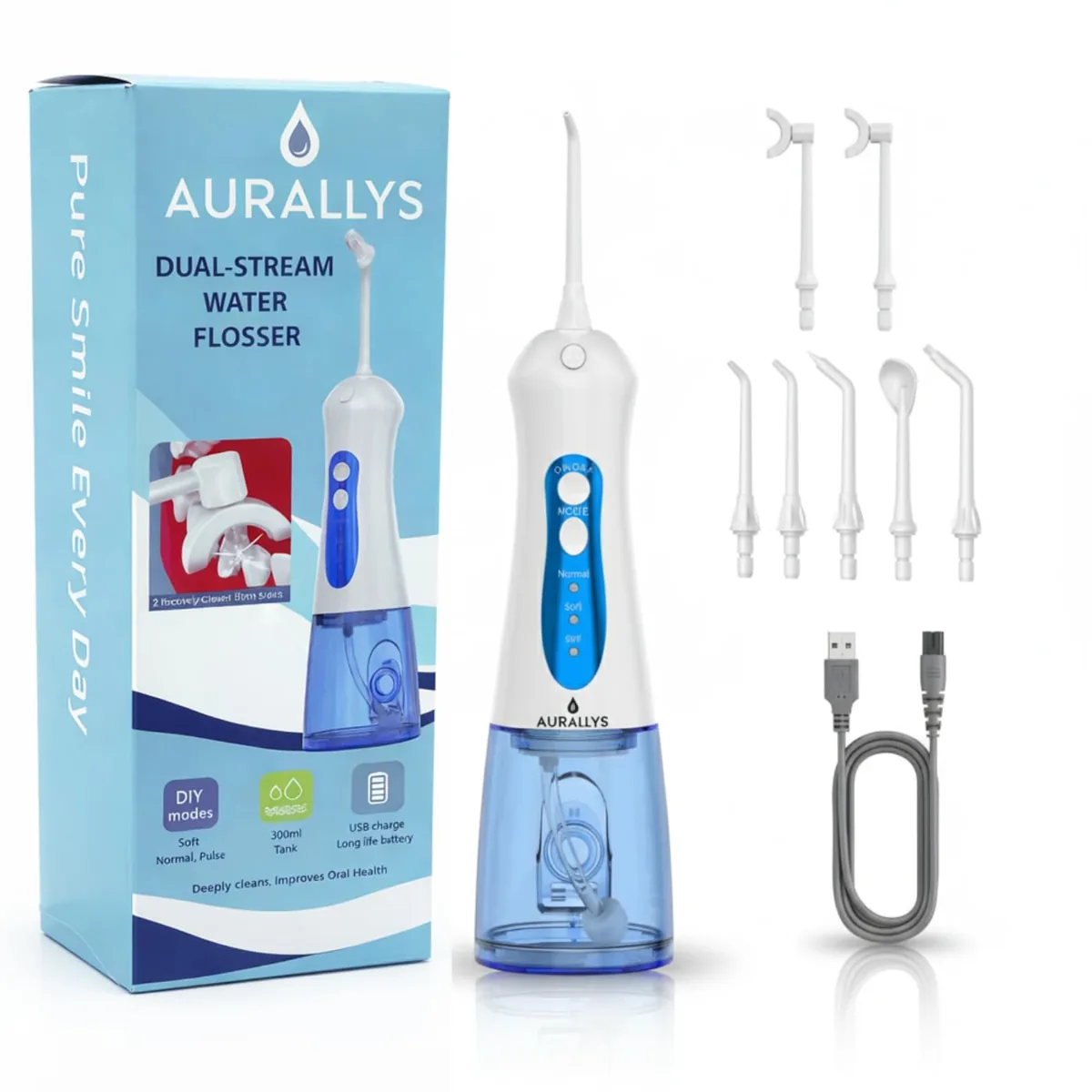 AURALLYS C103 irrigador dental portátil · 40-110 PSI · 2.000 mAh · 7 boquillas · carga magnética