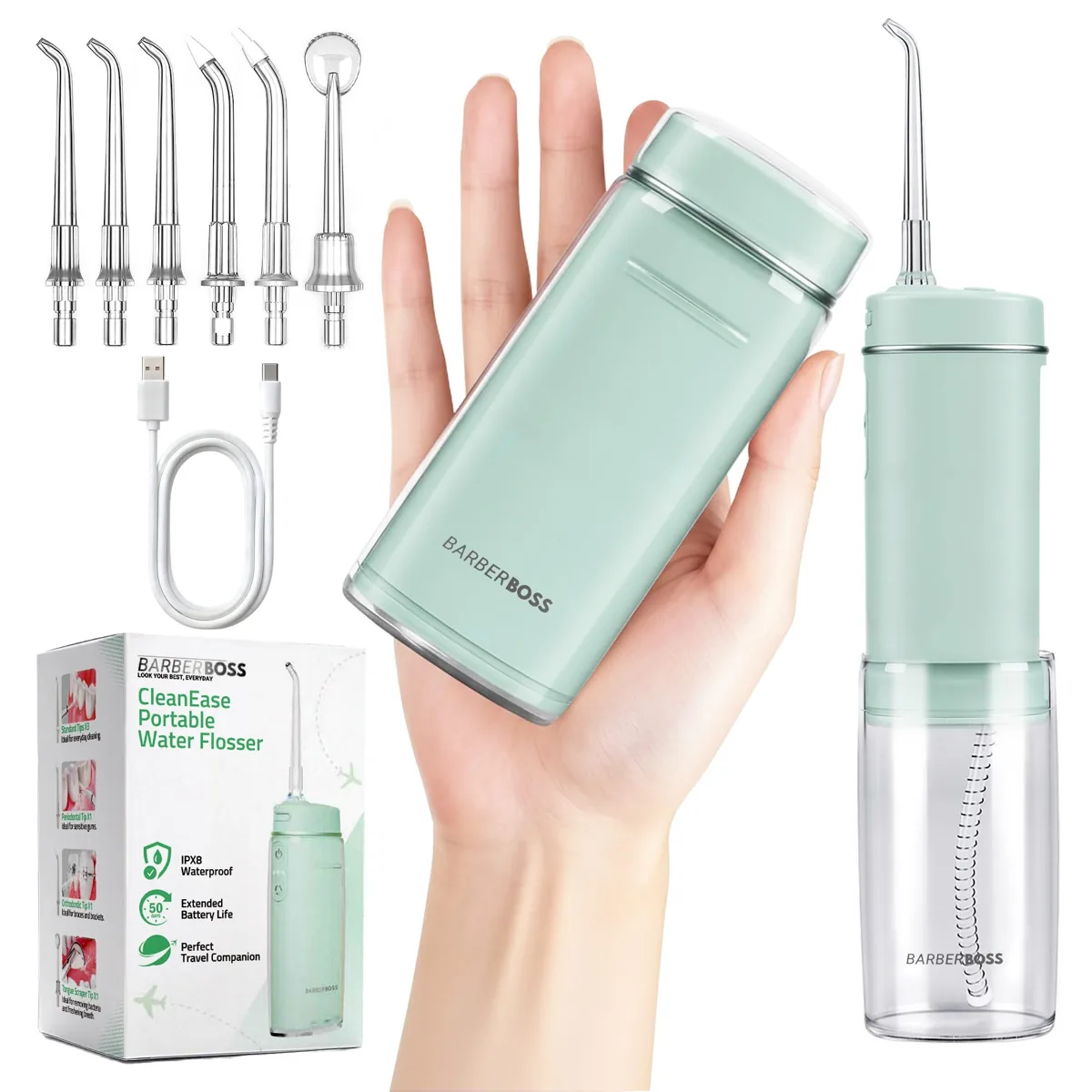 BarberBoss QR-7115 irrigador dental de bolsillo telescópico · 118 ml · 3 modos · 6 puntas · USB-C