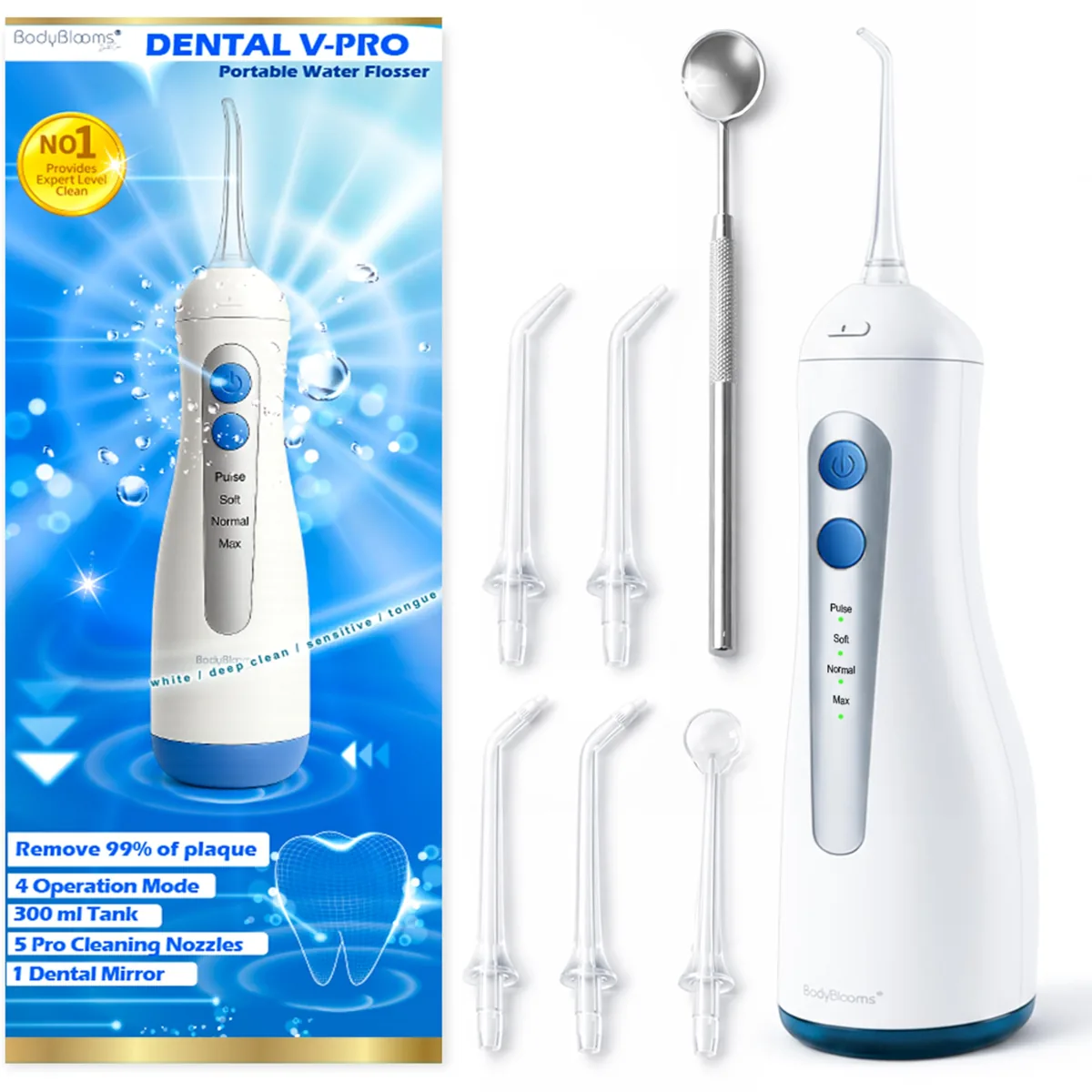 Bodyblooms Dental V-Pro irrigador dental portátil · 30-130 PSI · 4 modos · 5 boquillas + espejo · USB-C