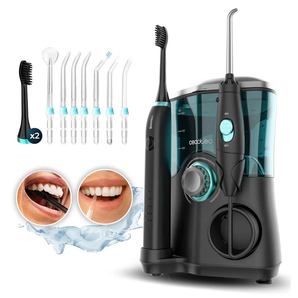 Cecotec Bamba ToothCare Jet Clean estación · irrigador de sobremesa 600 ml + cepillo sónico · 10 niveles · 7 boquillas