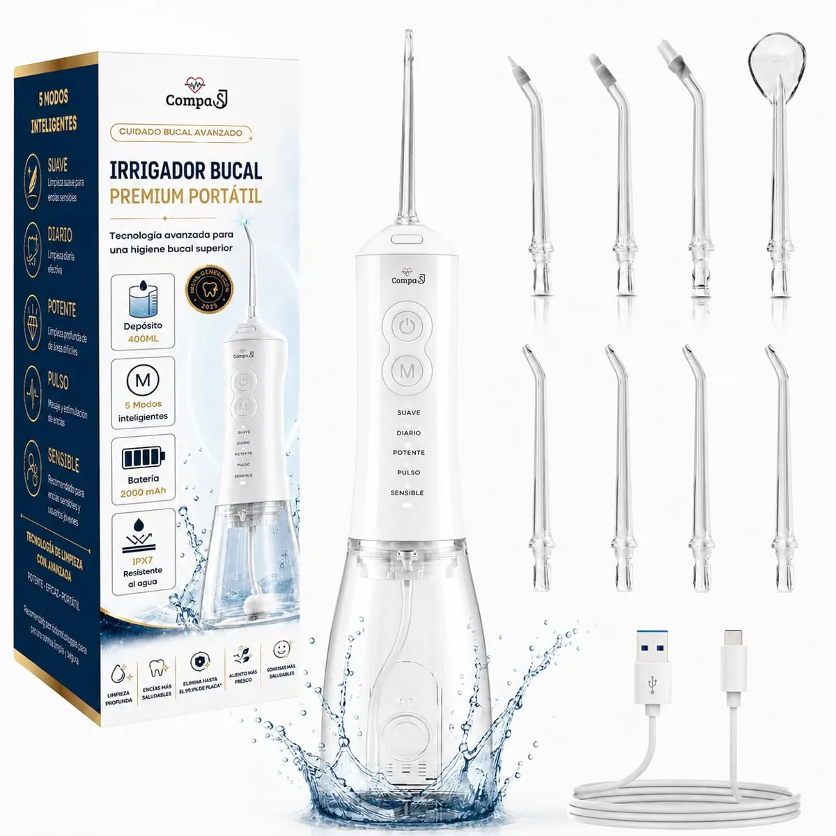 CompaSJ CY PRO irrigador dental portátil · 400 ml · 8 boquillas · 5 modos · 2.000 mAh · USB-C