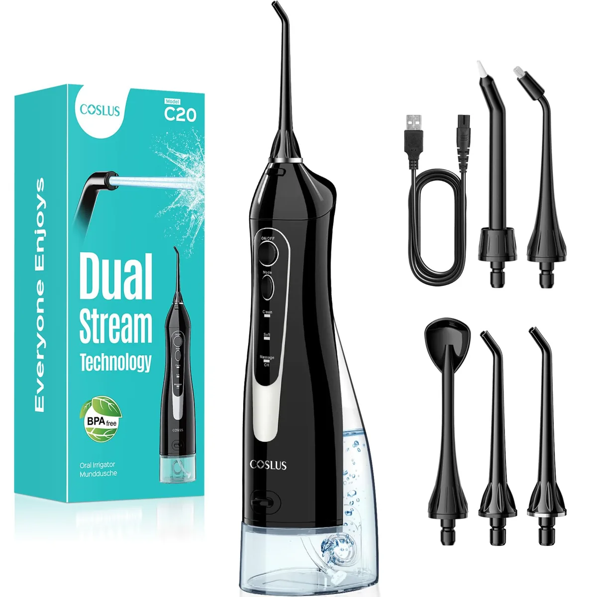 COSLUS C20 (F5020E) irrigador bucal portátil de doble chorro · 300 ml