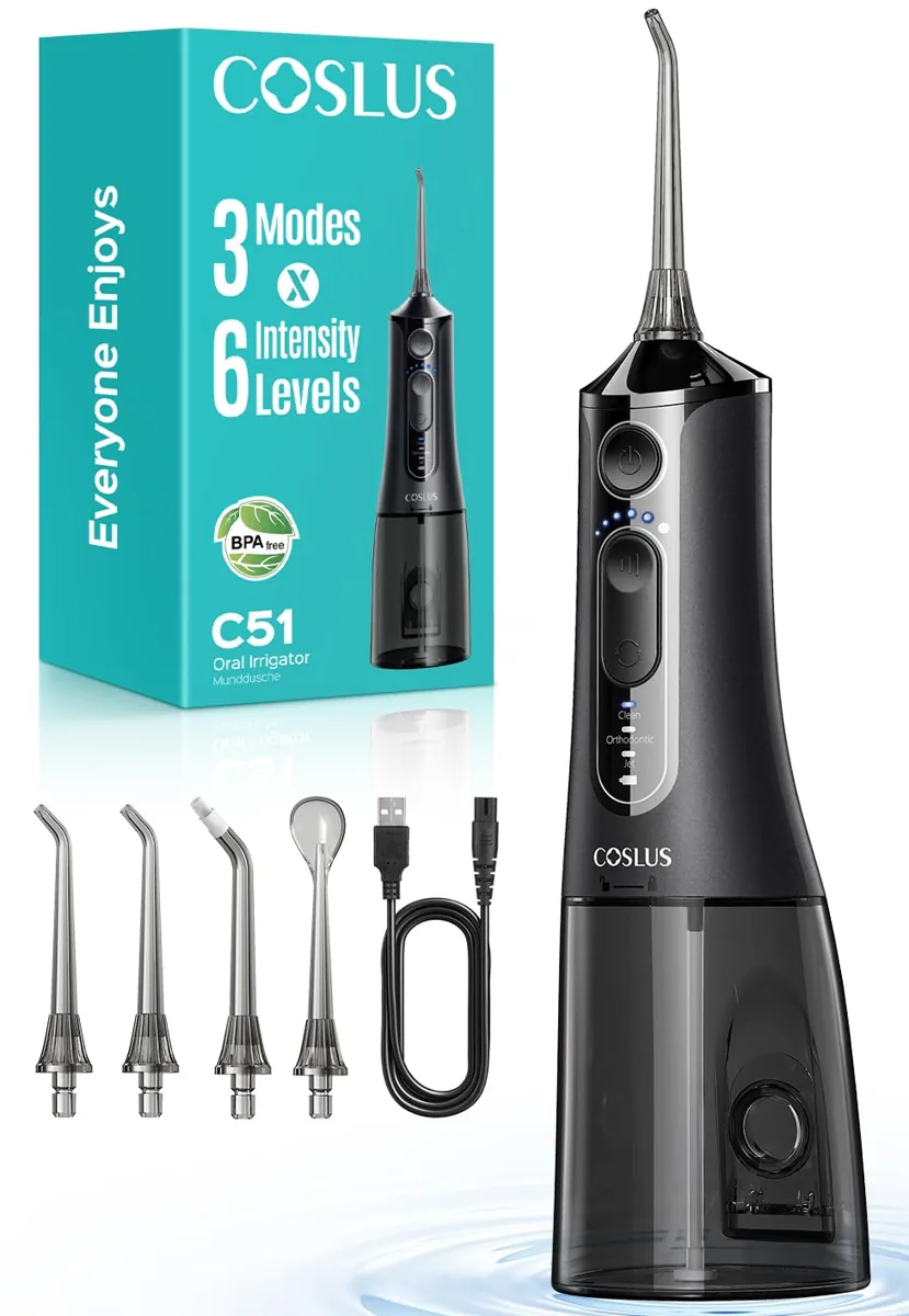COSLUS C51 irrigador dental portátil · 3 modos × 6 niveles · 300 ml · boquillas guardadas en el mango