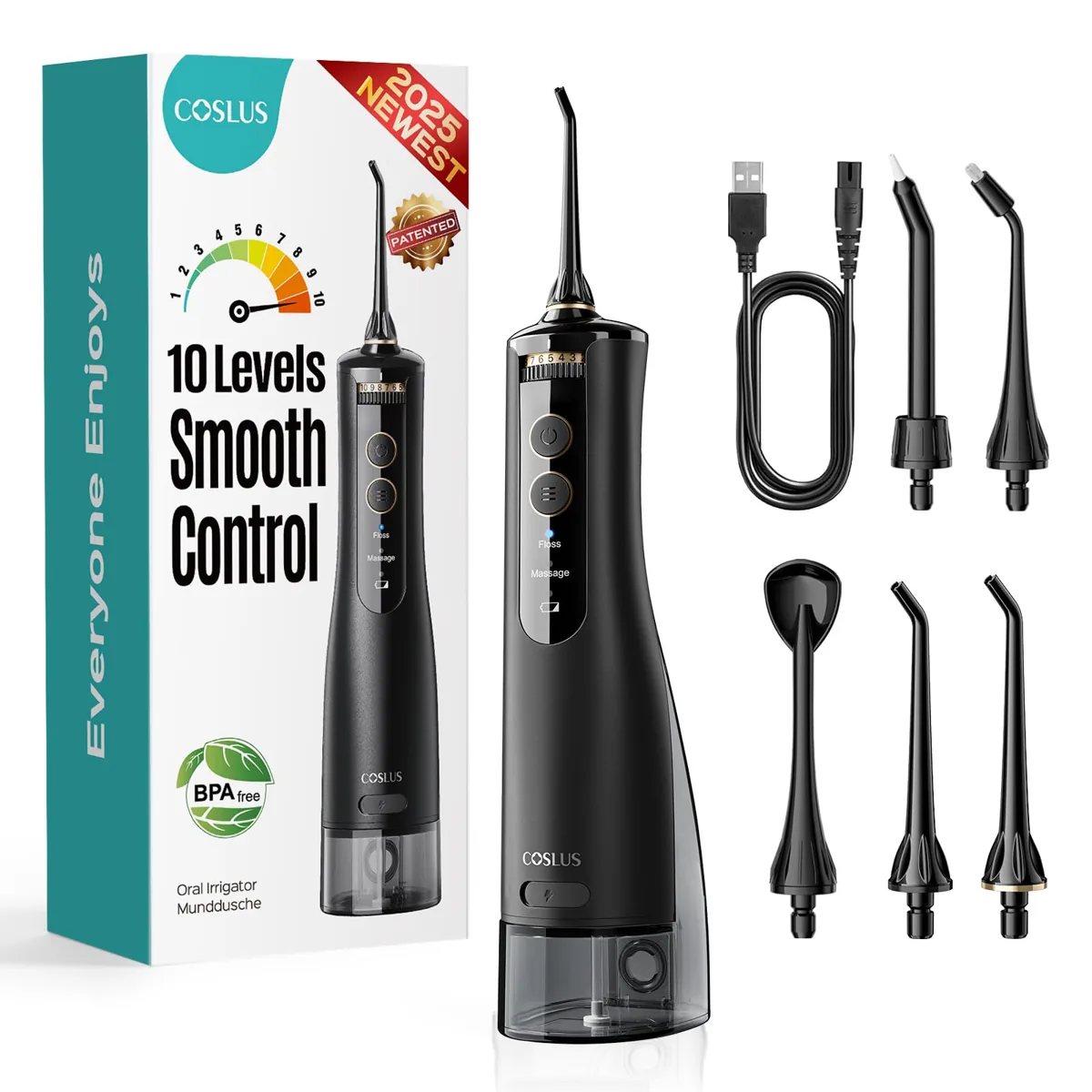 COSLUS E40 irrigador dental portátil · rueda de 10 niveles · doble chorro · 300 ml · 30 días