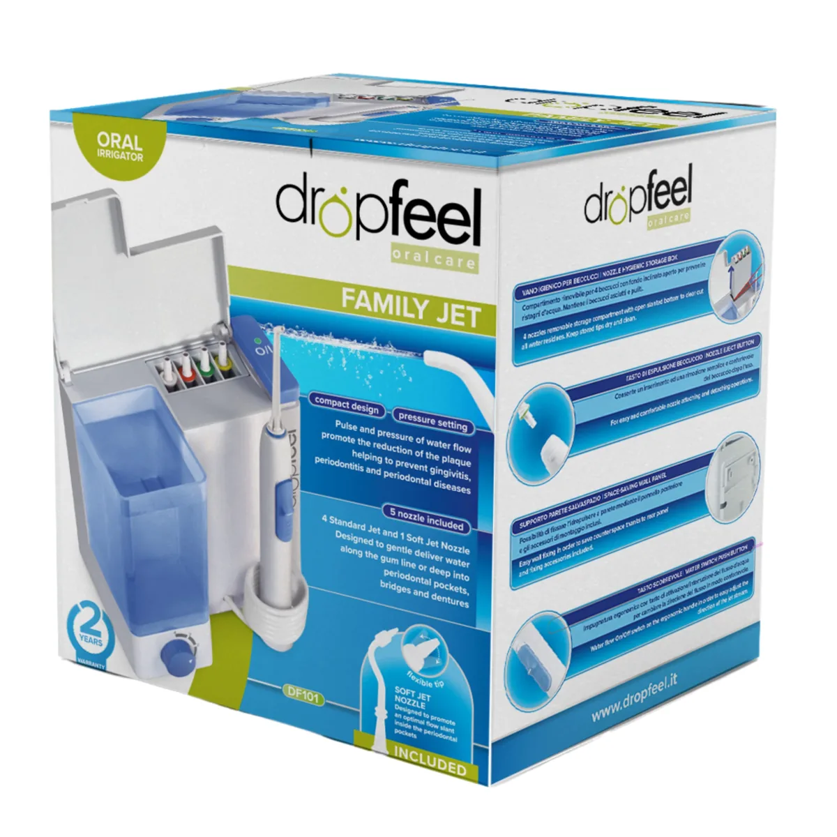 Dropfeel Family Jet irrigador dental de sobremesa · 500 ml · 4 niveles · 5 boquillas · fijación a pared