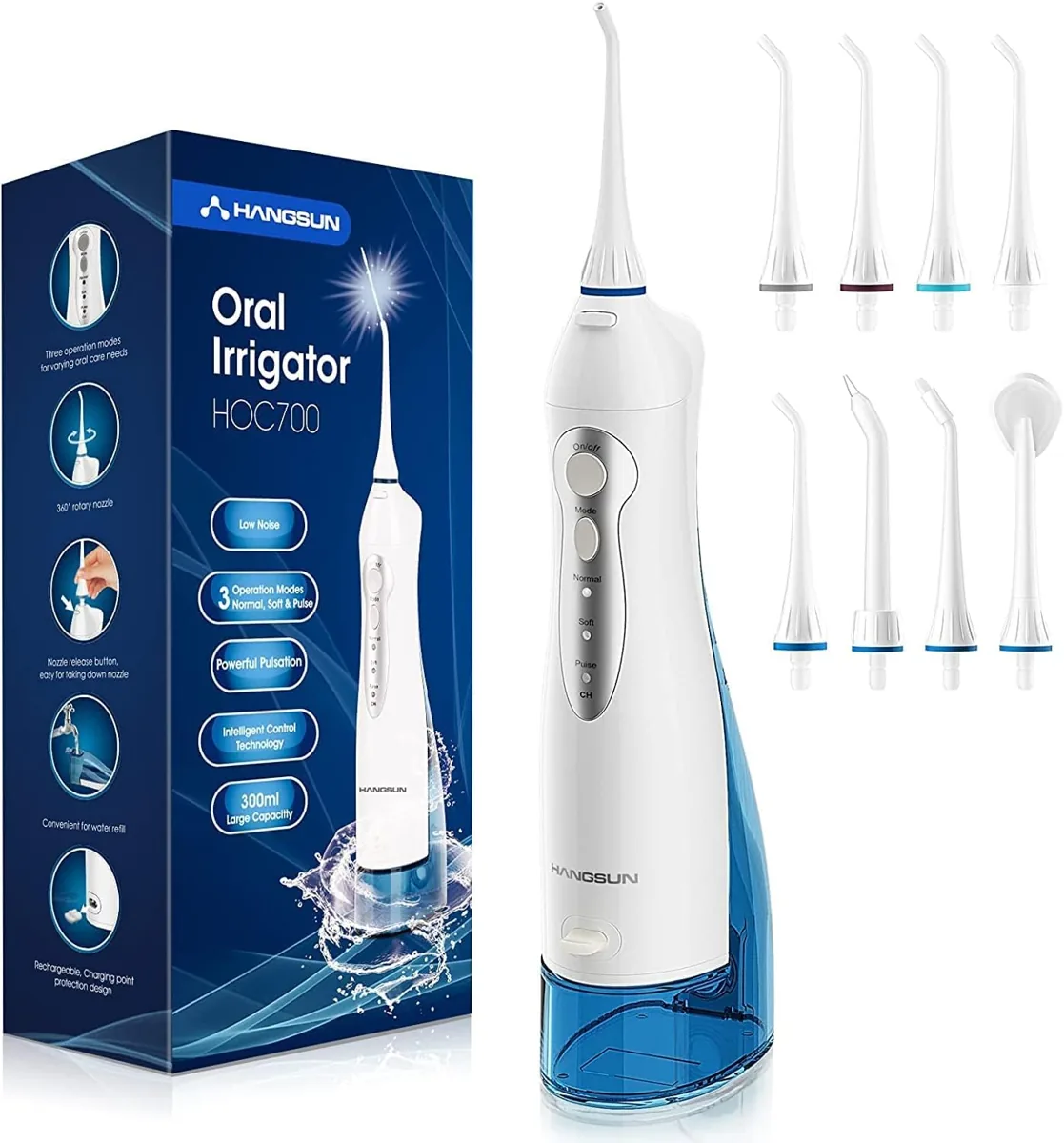 Hangsun HOC700 irrigador dental portátil · 3 modos · 300 ml · 8 boquillas · IPX7