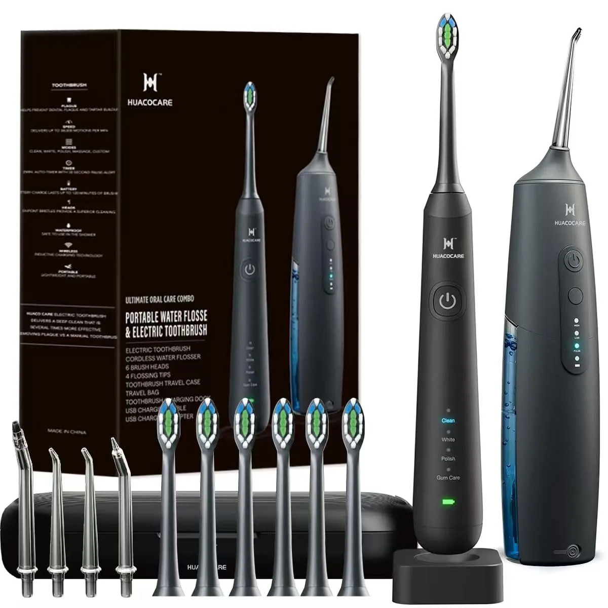 HUACO CARE H3 PLUS kit 2 en 1: irrigador dental portátil 200 ml + cepillo sónico de 38.000 vibraciones · IPX7 · estuche
