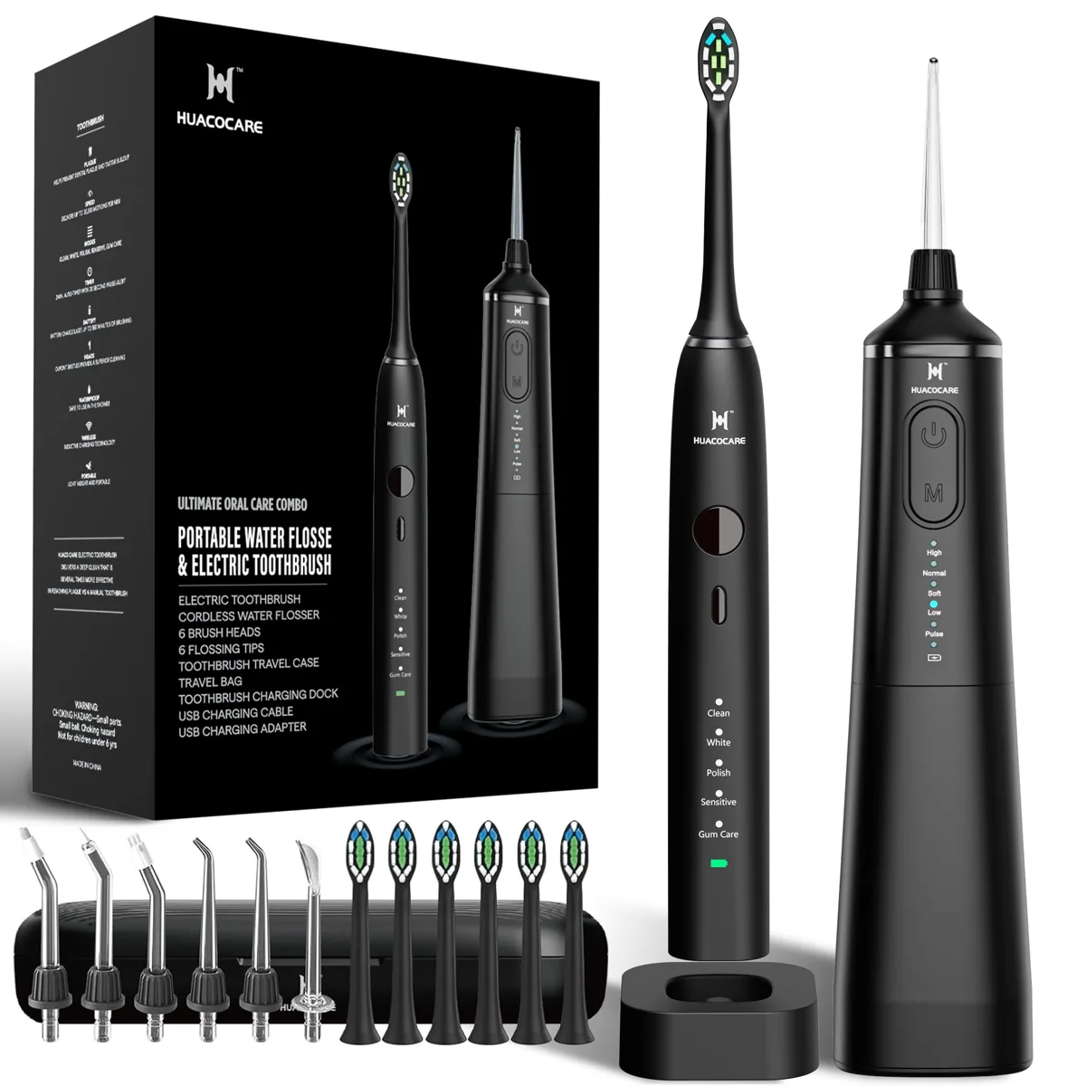 HUACO CARE H300 kit 2 en 1: irrigador dental portátil 5 modos 300 ml + cepillo sónico · funda de viaje