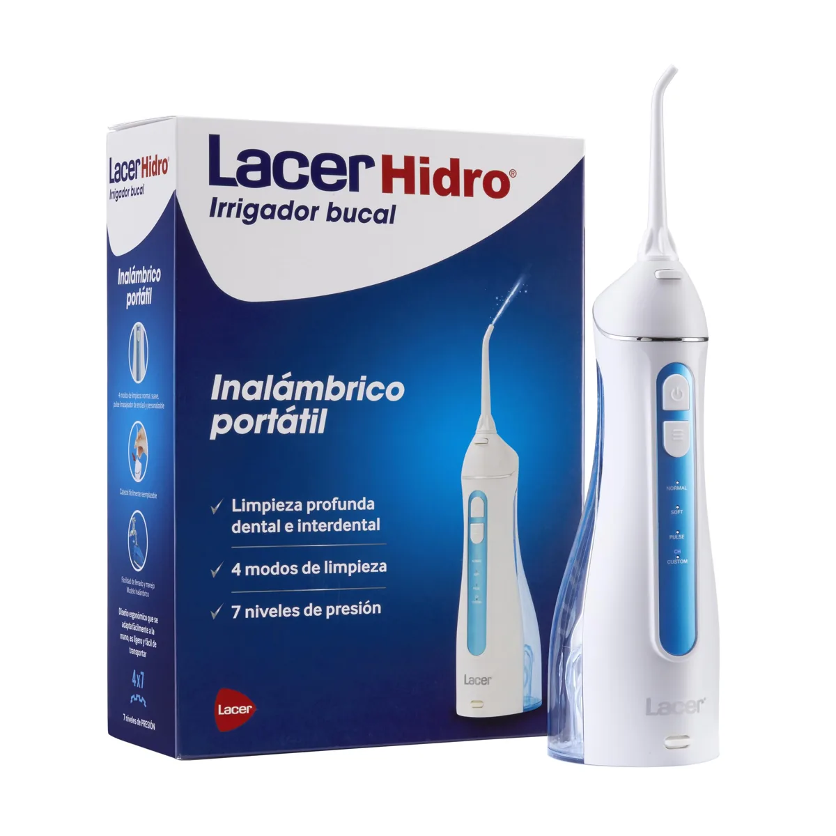 LACER HIDRO irrigador bucal portátil e inalámbrico | 4 modos | 7 niveles de presión | 200 ml | 2 recambios