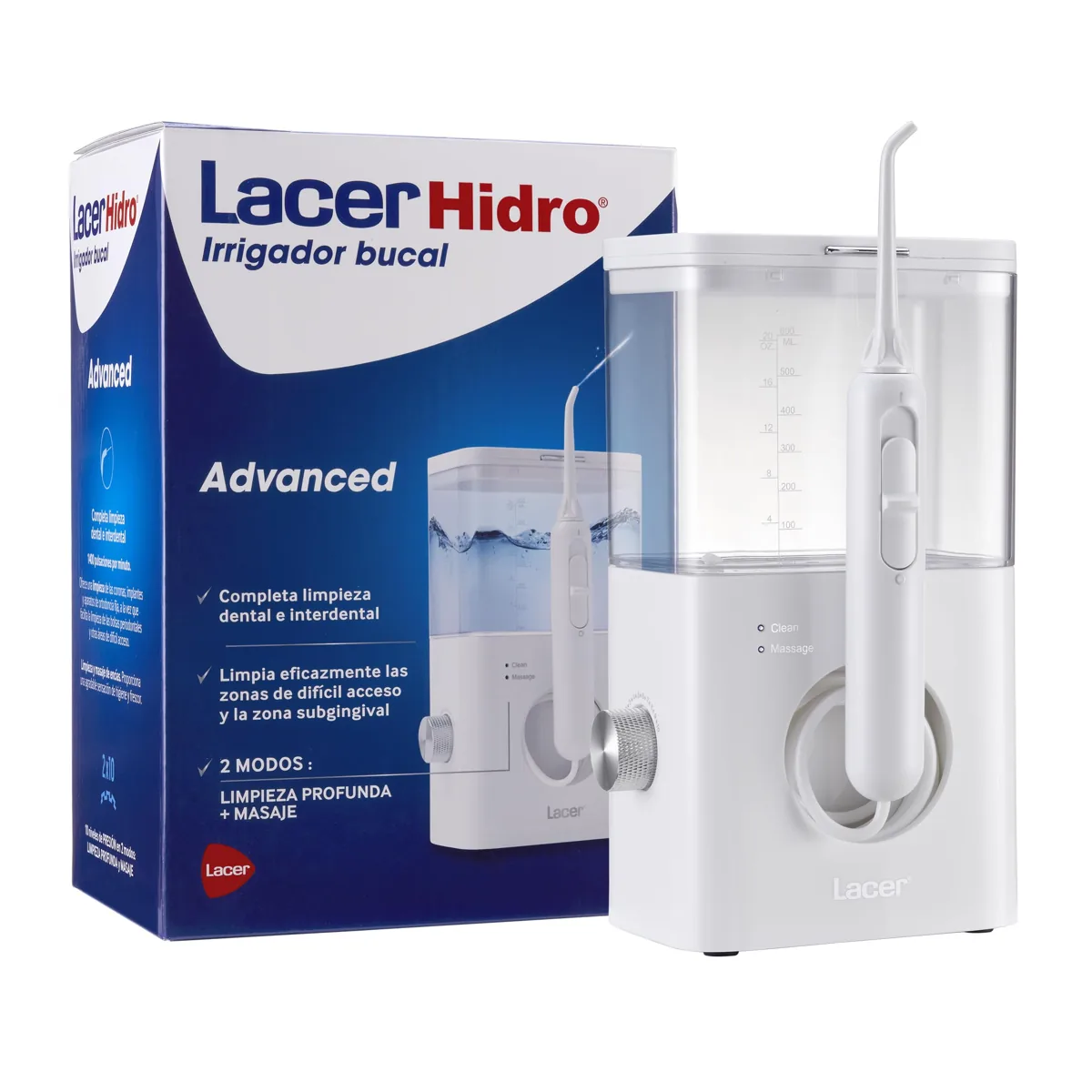 Lacer Hidro Advanced irrigador dental de sobremesa · 10 niveles · 600 ml · 4 boquillas