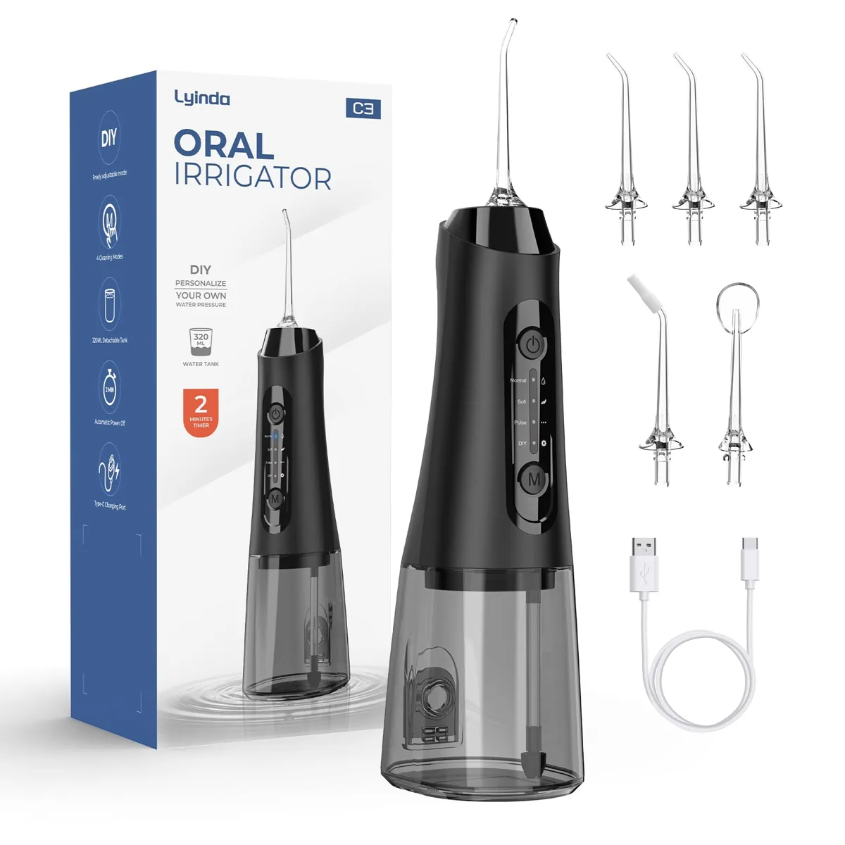 Lyinda C3 irrigador dental portátil negro · 4 modos · 320 ml · 5 boquillas · IPX7 · USB-C