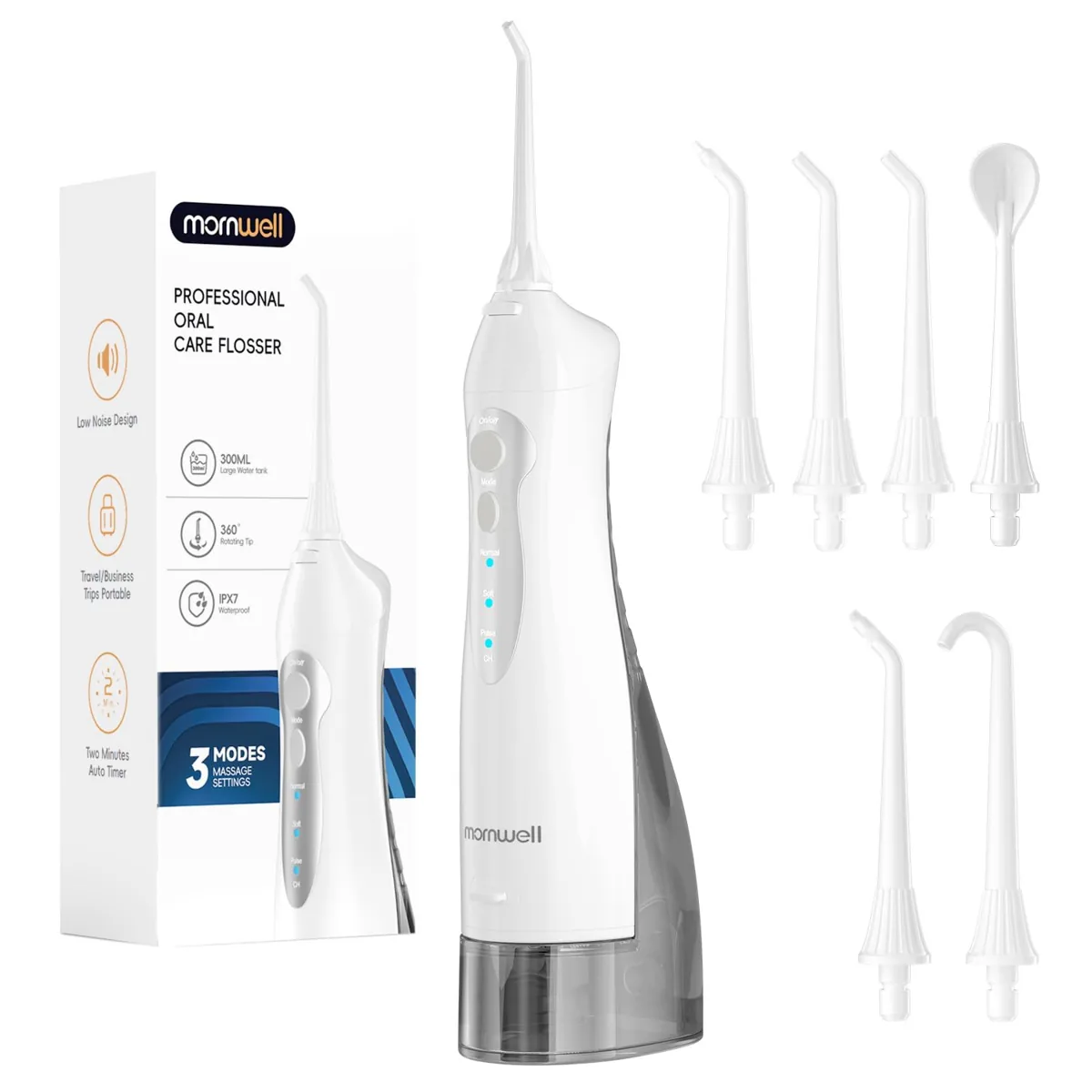 Mornwell D52 irrigador dental portátil · 3 modos · 300 ml · 6 boquillas · 40 días · temporizador