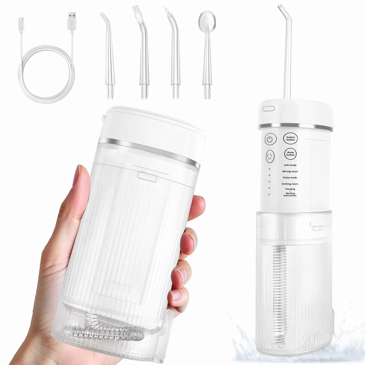 NXPZ (CHRYSID) irrigador dental de viaje telescópico · 160 ml · 4 modos · 4 boquillas · USB-C