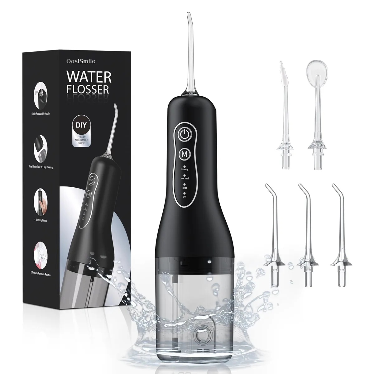 OasiSmile L5 irrigador dental portátil · DIY 20-140 PSI · 260 ml · 5 boquillas · IPX7 · USB-C