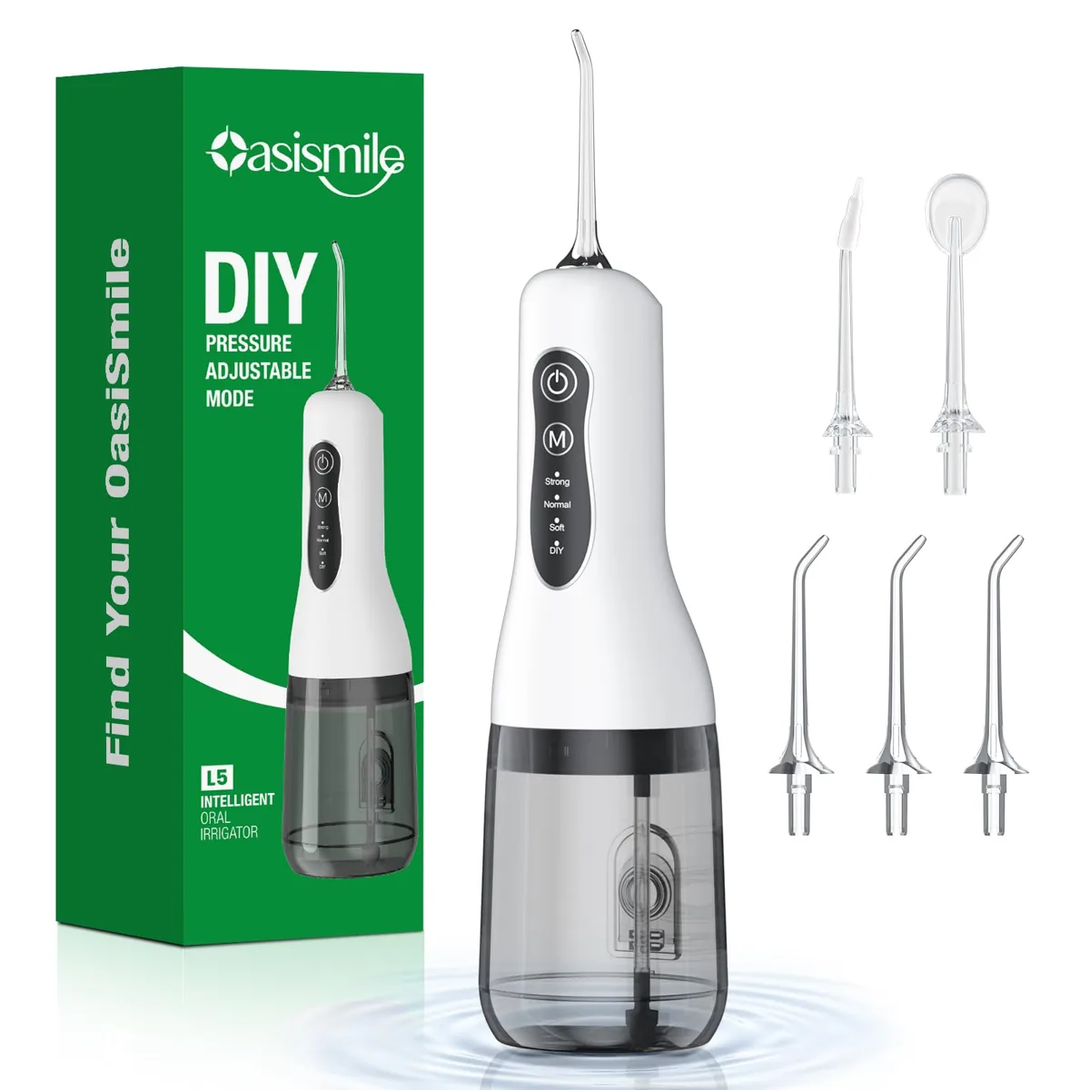 OasiSmile L5 irrigador dental portátil blanco · 4 modos · DIY autoajuste (listado sin datos)