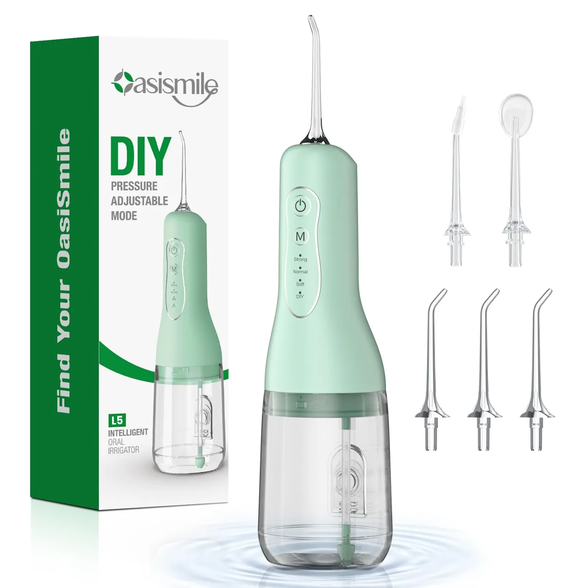 OasiSmile L5 irrigador dental portátil verde · DIY autoajuste · IPX7 (listado sin datos)