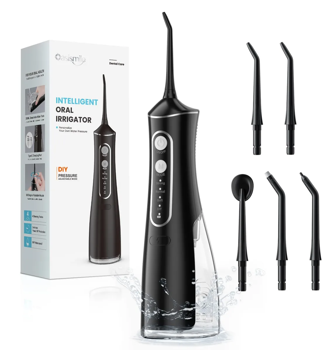 OasiSmile L8 irrigador dental portátil · DIY 20-140 PSI · 300 ml · 5 boquillas · IPX7 · USB-C