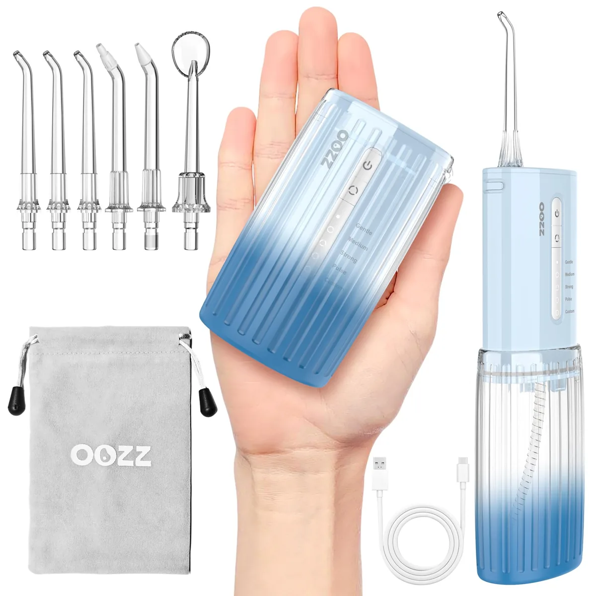OOZZ OZ-7212 irrigador dental portátil · 5 modos · 6 puntas · 150 ml · temporizador · USB-C