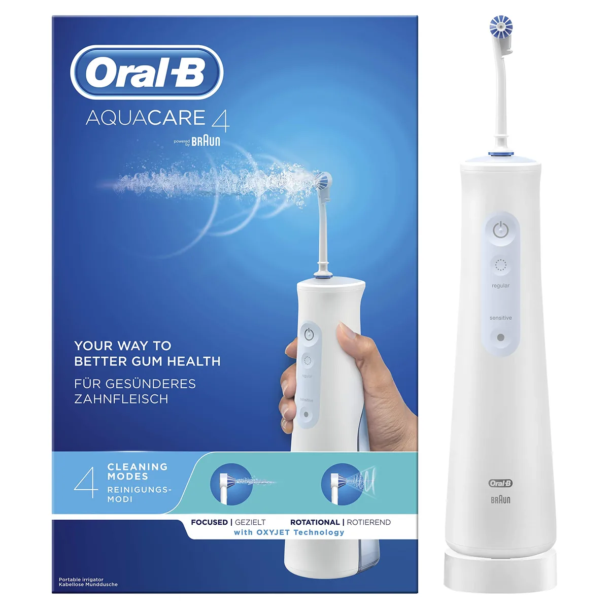 Oral-B AquaCare irrigador dental portátil con tecnología OxyJet · 4 modos de limpieza · blanco