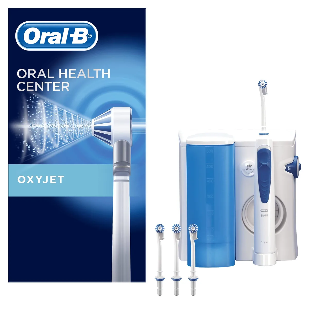 Oral-B Sistema de Limpieza OxyJet con tecnología Braun | 600 ml | 5 presiones | 4 cabezales | blanco/azul