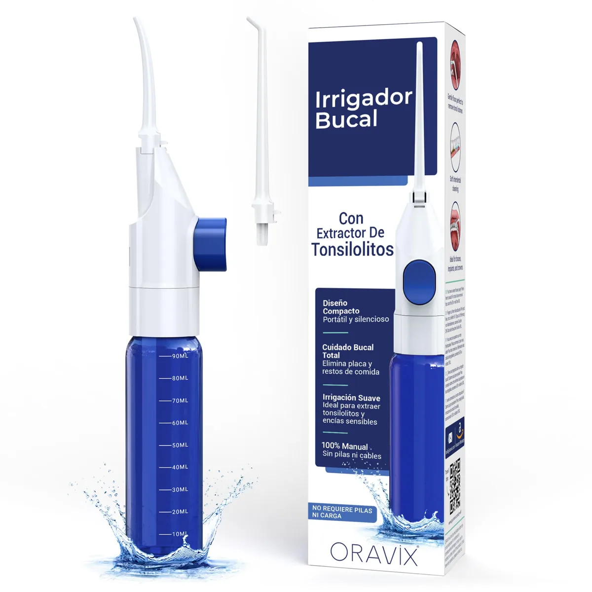 Oravix WF irrigador dental manual sin pilas · 90 ml · 2 boquillas (dental y amígdalas)