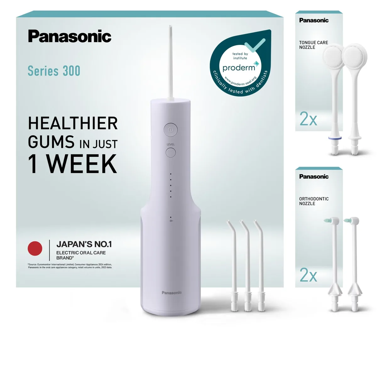 Panasonic EW-DJ27 Pack de cuidado avanzado · irrigador + boquillas de ortodoncia y lengua · 200 ml · IPX7