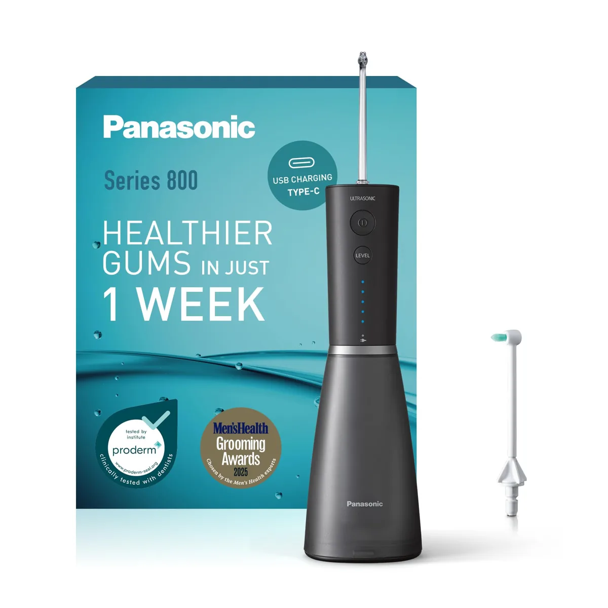 Panasonic Series 800 EW-DJ86 irrigador bucal ultrasónico | 200 ml | USB-C | 2 boquillas (ultrasónica + ortodoncia) | negro