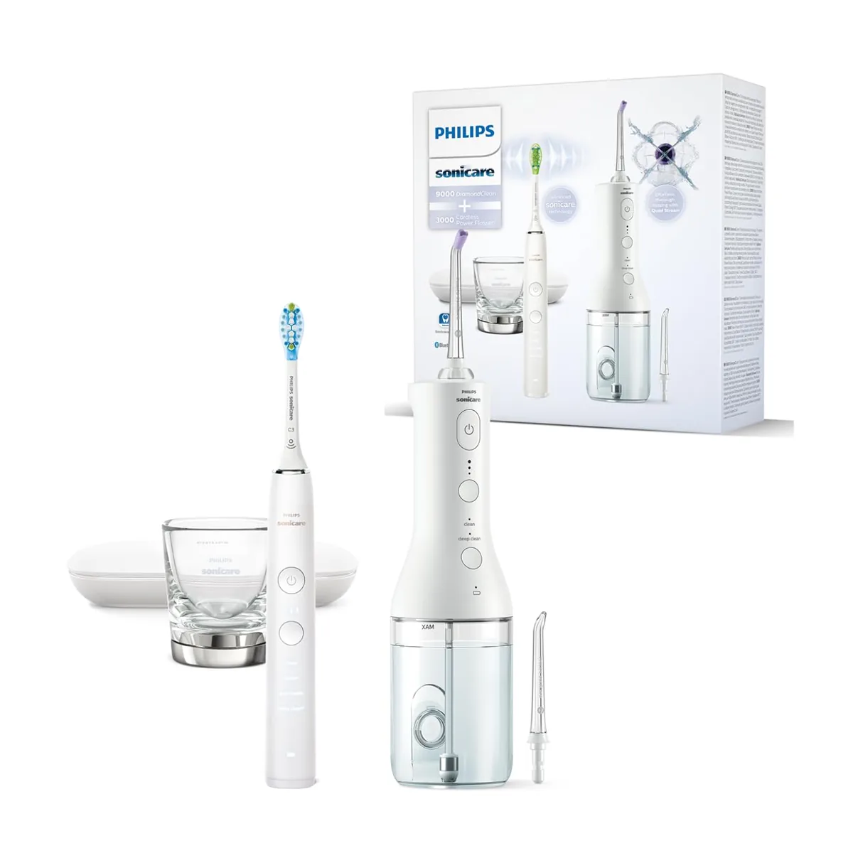 Philips Sonicare pack HX3886/41: irrigador Power Flosser 3000 sin cable + cepillo DiamondClean 9000 blanco