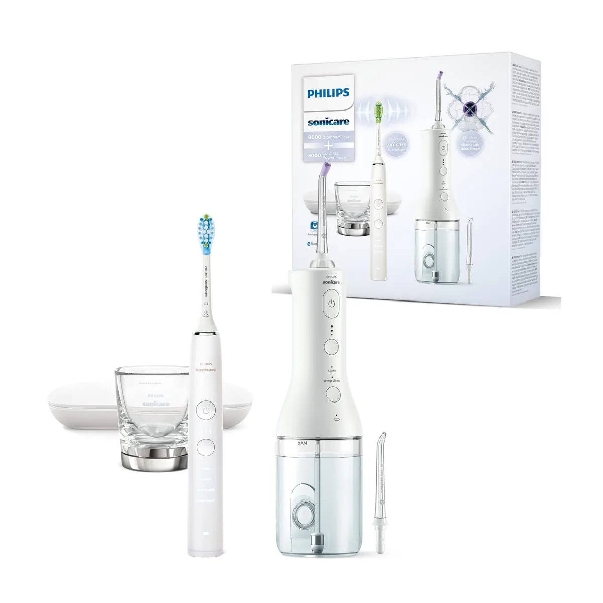 Philips Sonicare pack HX3866/41: irrigador Power Flosser 3000 sin cable USB-C + cepillo DiamondClean 9000 blanco