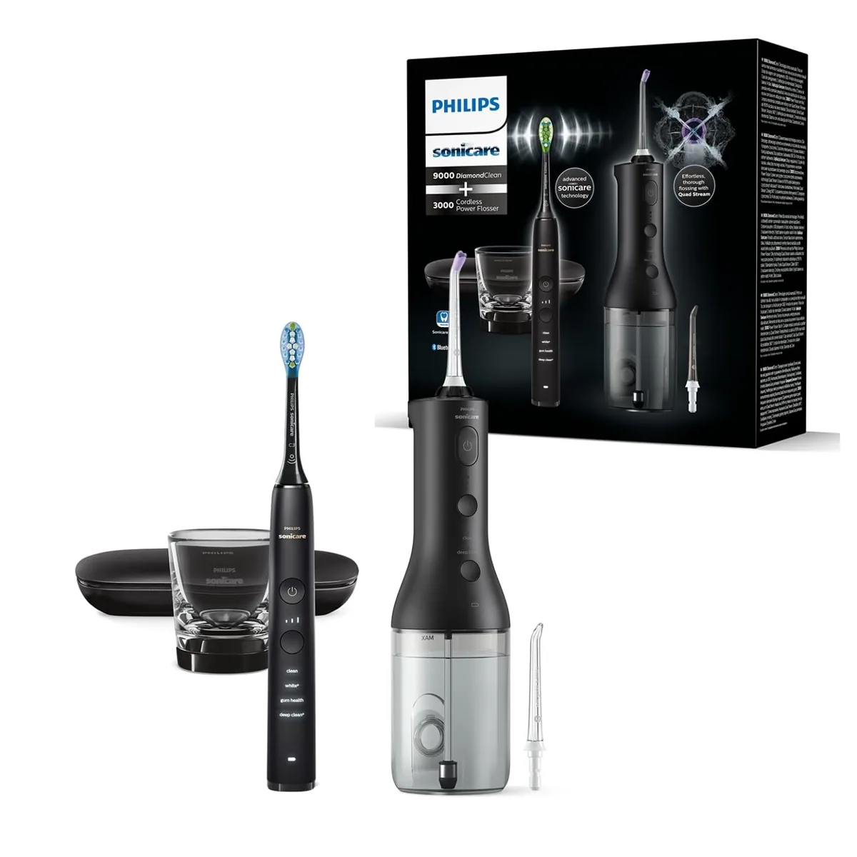 Philips Sonicare pack HX3886/43: irrigador Power Flosser 3000 sin cable + cepillo DiamondClean 9000 negro