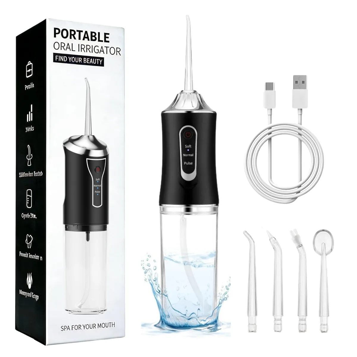 Puokmy irrigador dental portátil negro · 3 modos · 4 boquillas · temporizador 2 min · USB-C