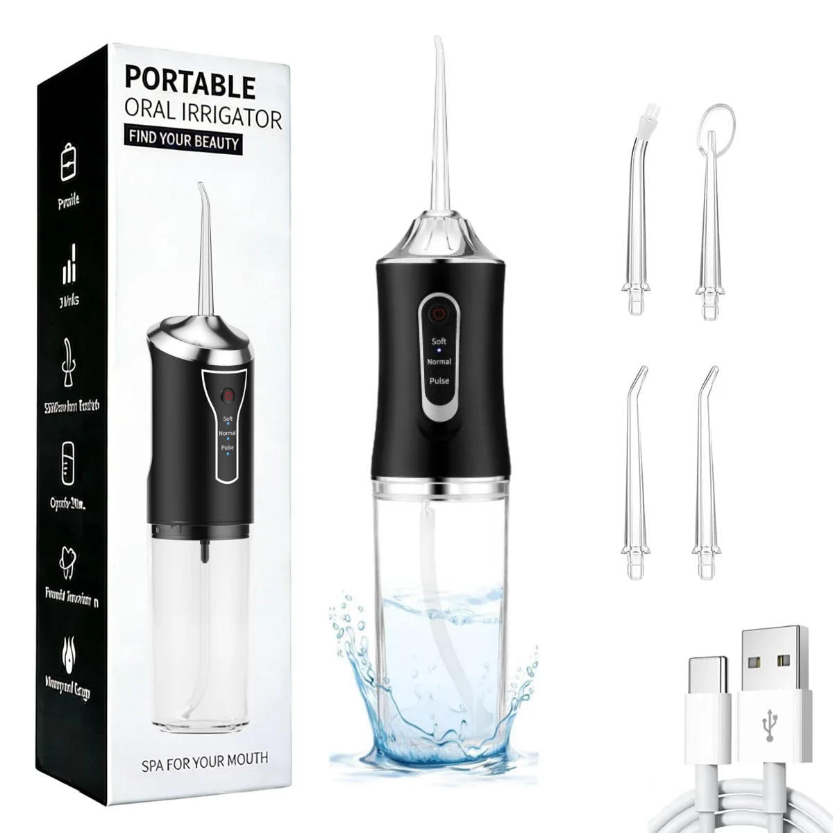 Puokmy irrigador dental portátil · 3 modos · 4 boquillas · temporizador 2 min · USB-C