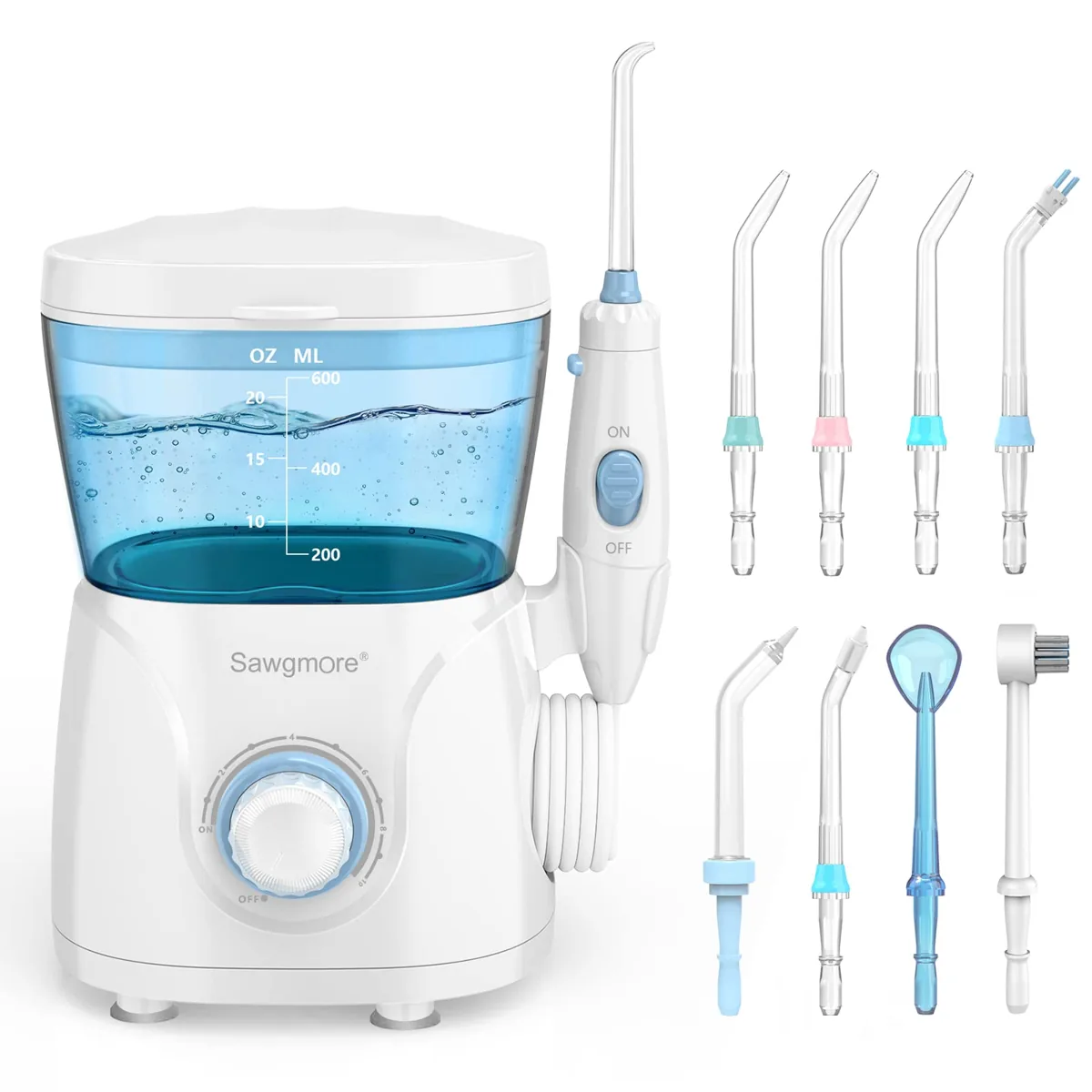 Sawgmore 166-W irrigador dental de sobremesa · 600 ml · 10 niveles · 30-125 PSI · 8 boquillas