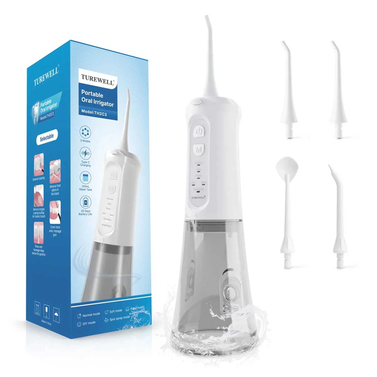 TUREWELL TH2C3 irrigador dental portátil · 30-120 PSI · 5 modos (Spot) · 310 ml · 45 días