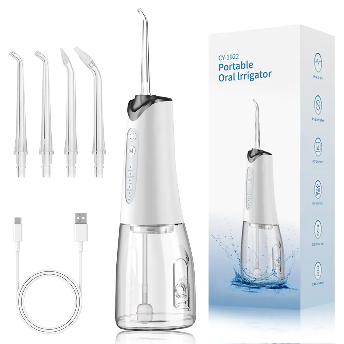 Unipampa 001 irrigador dental portátil · 30-140 PSI · 4 modos + DIY · 300 ml · 4 boquillas · IPX7