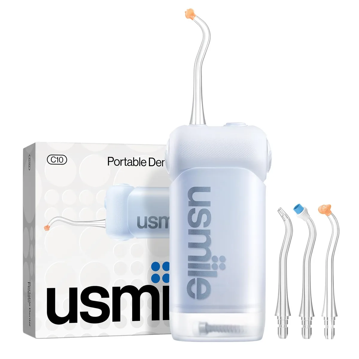 usmile pack 5 en 1: irrigador C10 azul + cepillo inteligente Y20 PRO blanco + boquillas S + cabezales + estuche