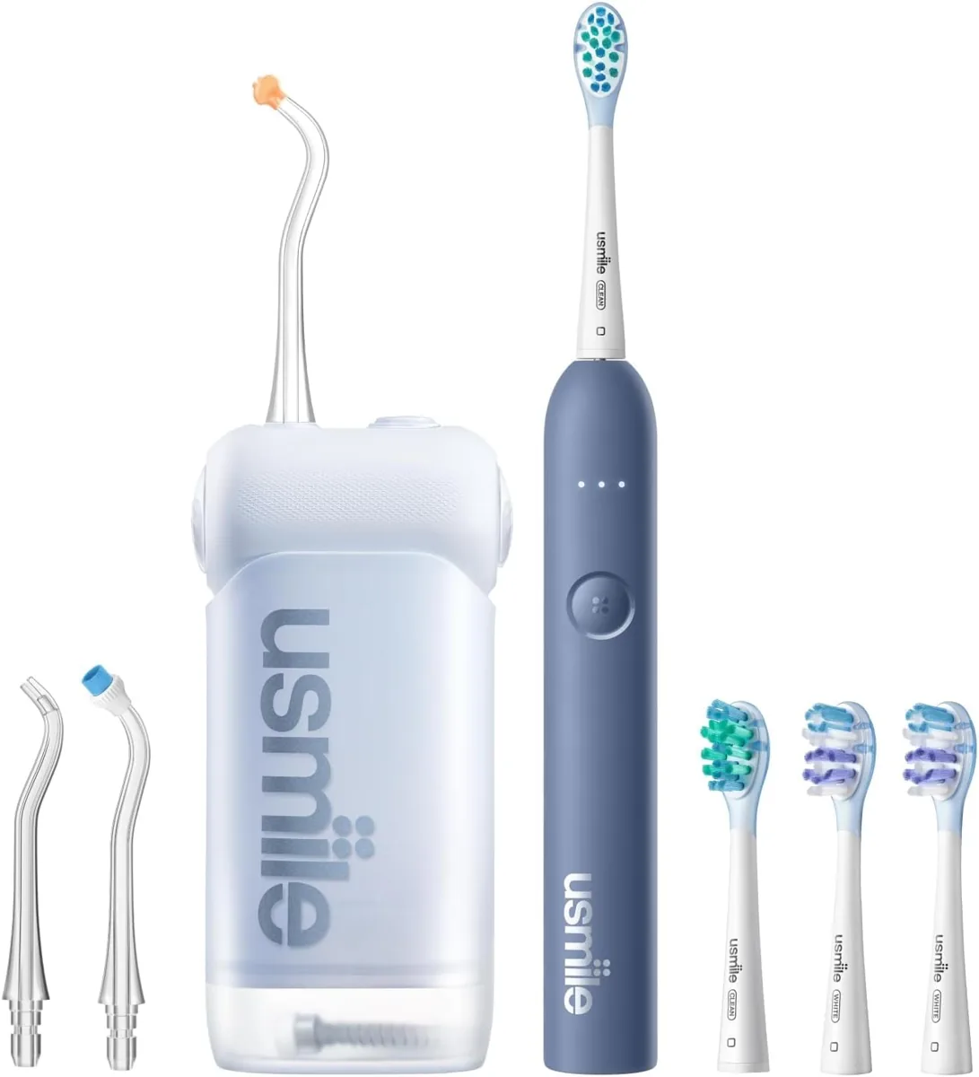 usmile pack 3 en 1: irrigador plegable C10 + cepillo sónico P10S + cabezales (tercera ficha)