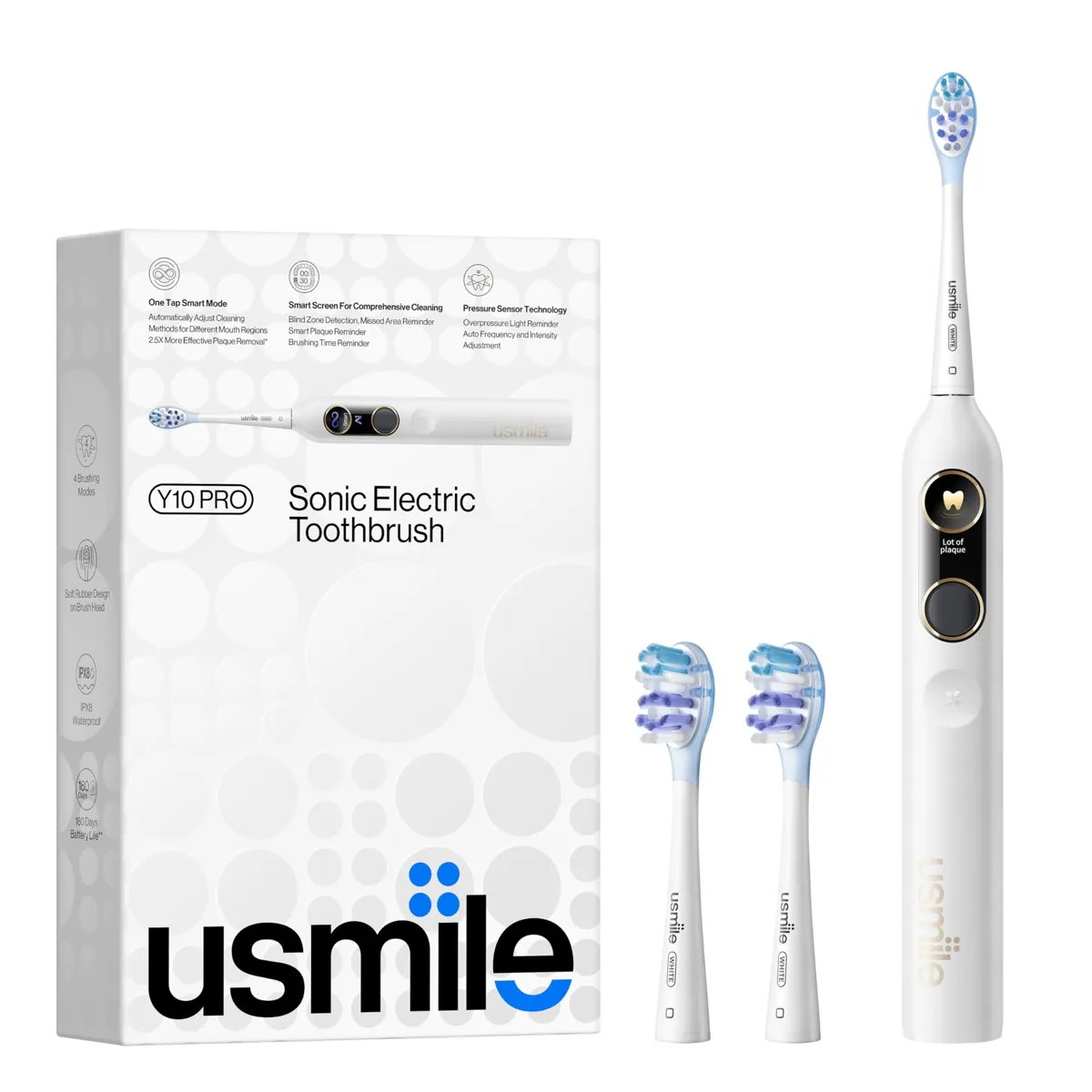 usmile pack 5 en 1: irrigador C10 + cepillo inteligente Y10 PRO blanco + boquillas S + cabezales + estuche