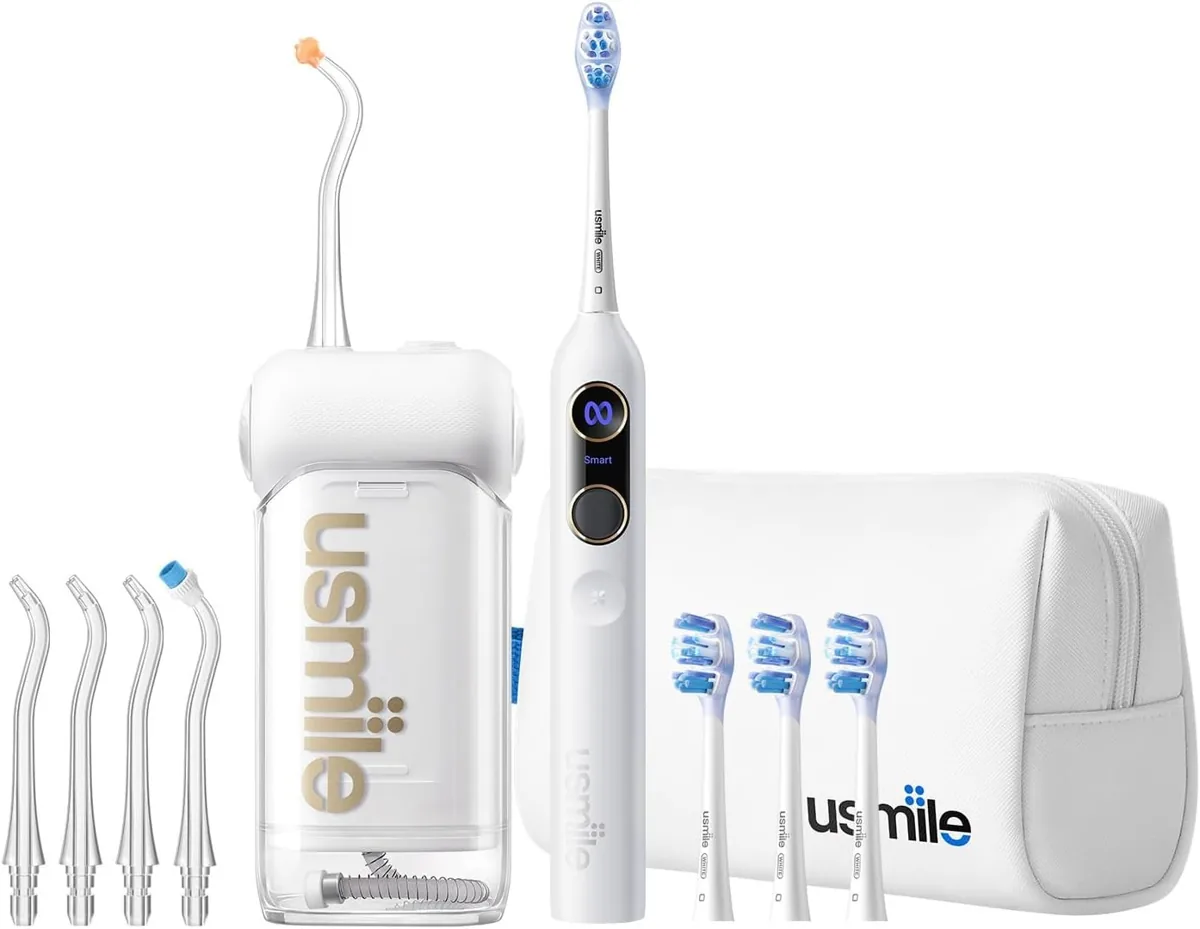 usmile pack 5 en 1: irrigador C10 + cepillo inteligente Y20 PRO blanco + boquillas S + cabezales + estuche