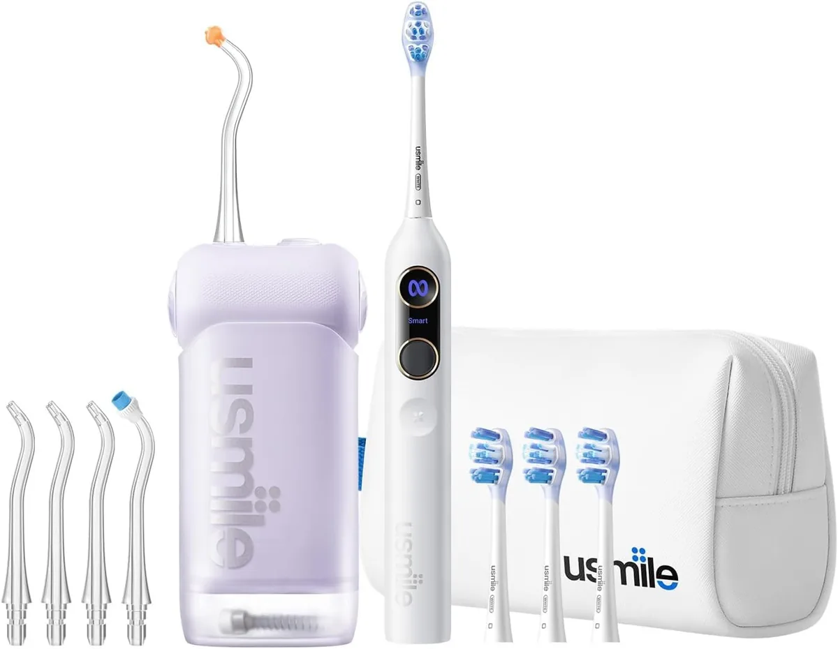usmile pack 5 en 1: irrigador C10 + cepillo inteligente Y20 PRO blanco + boquillas S + cabezales + estuche (segunda ficha)