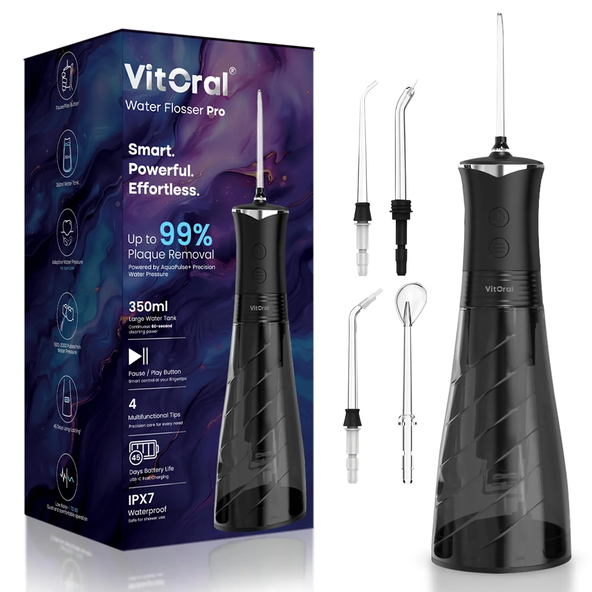 VitOral Water Flosser Pro AquaPulse+ irrigador dental portátil · 4 modos · 350 ml · IPX7 · USB-C