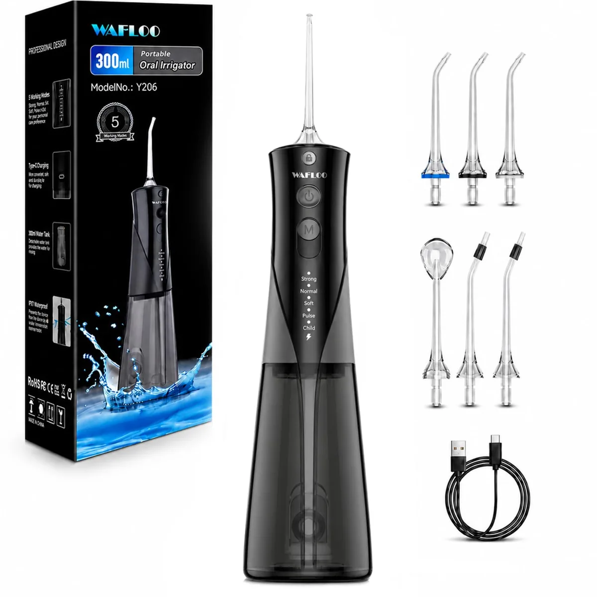 WAFLOO Y206B irrigador dental portátil doble chorro · 30-150 PSI · 5 modos · 6 boquillas · 300 ml