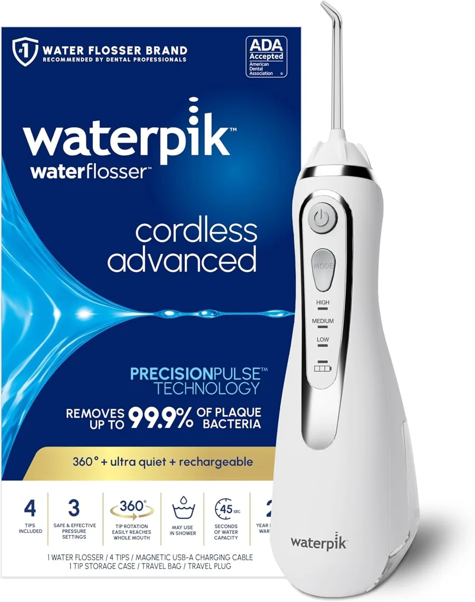 Waterpik Cordless Advanced WP-580EU irrigador dental portátil · 3 posiciones · carga inductiva · estuche