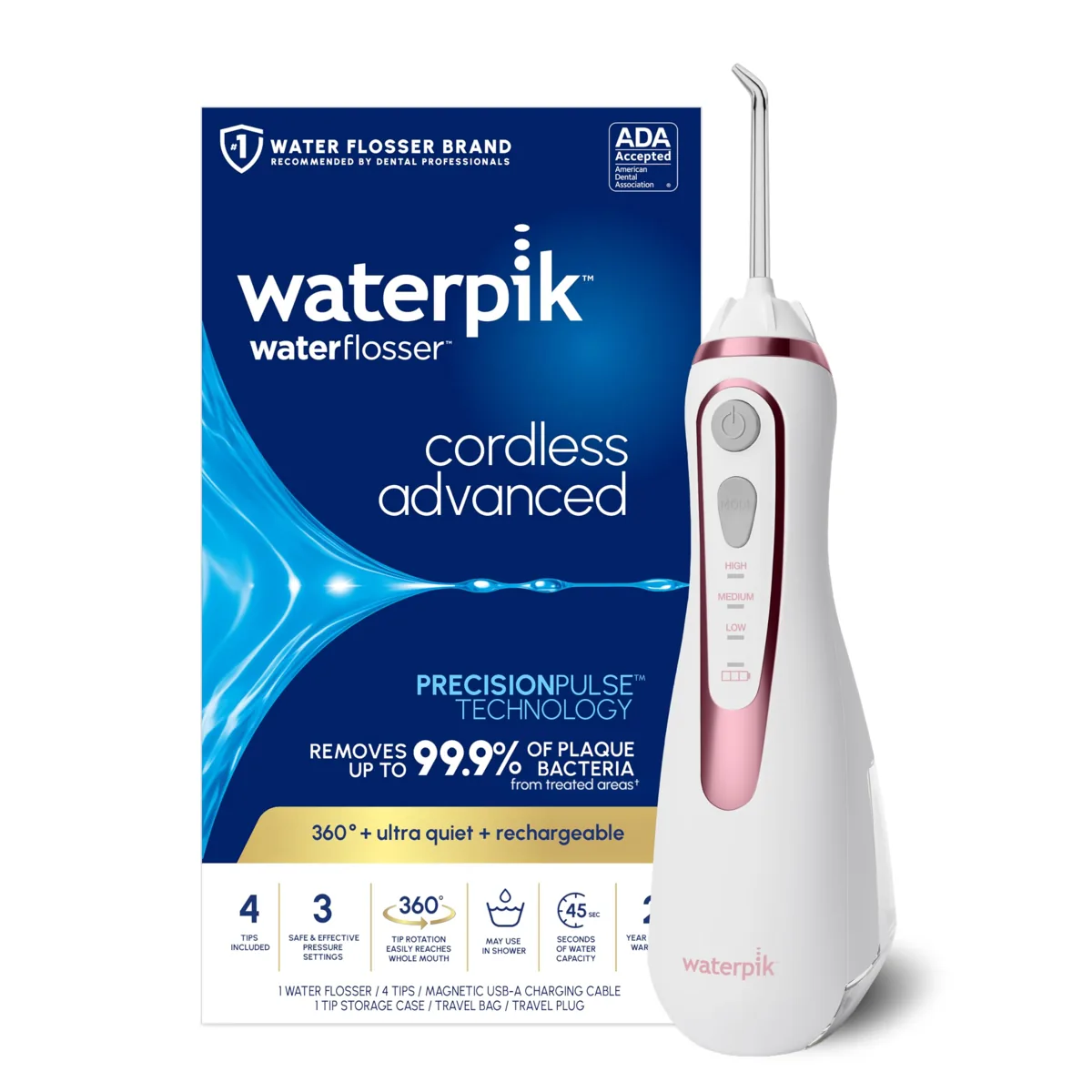 Waterpik Cordless Advanced 2.0 WP-589CD irrigador dental portátil · 3 presiones · 207 ml · 4 puntas · USB magnético