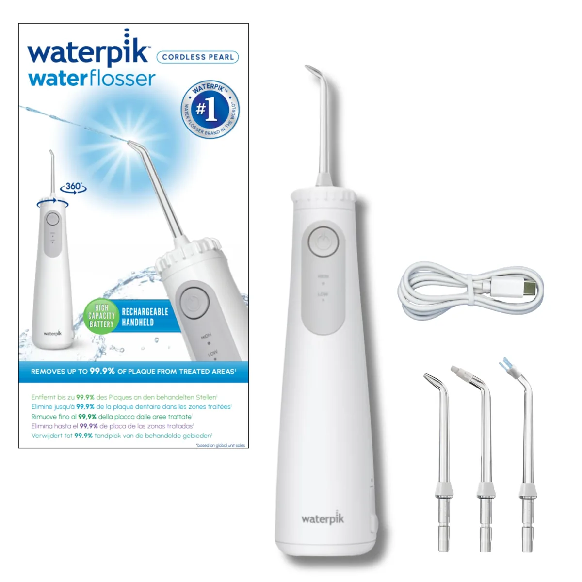 Waterpik Cordless Pearl irrigador dental portátil · boquilla ortodóntica · fabricado en Alemania