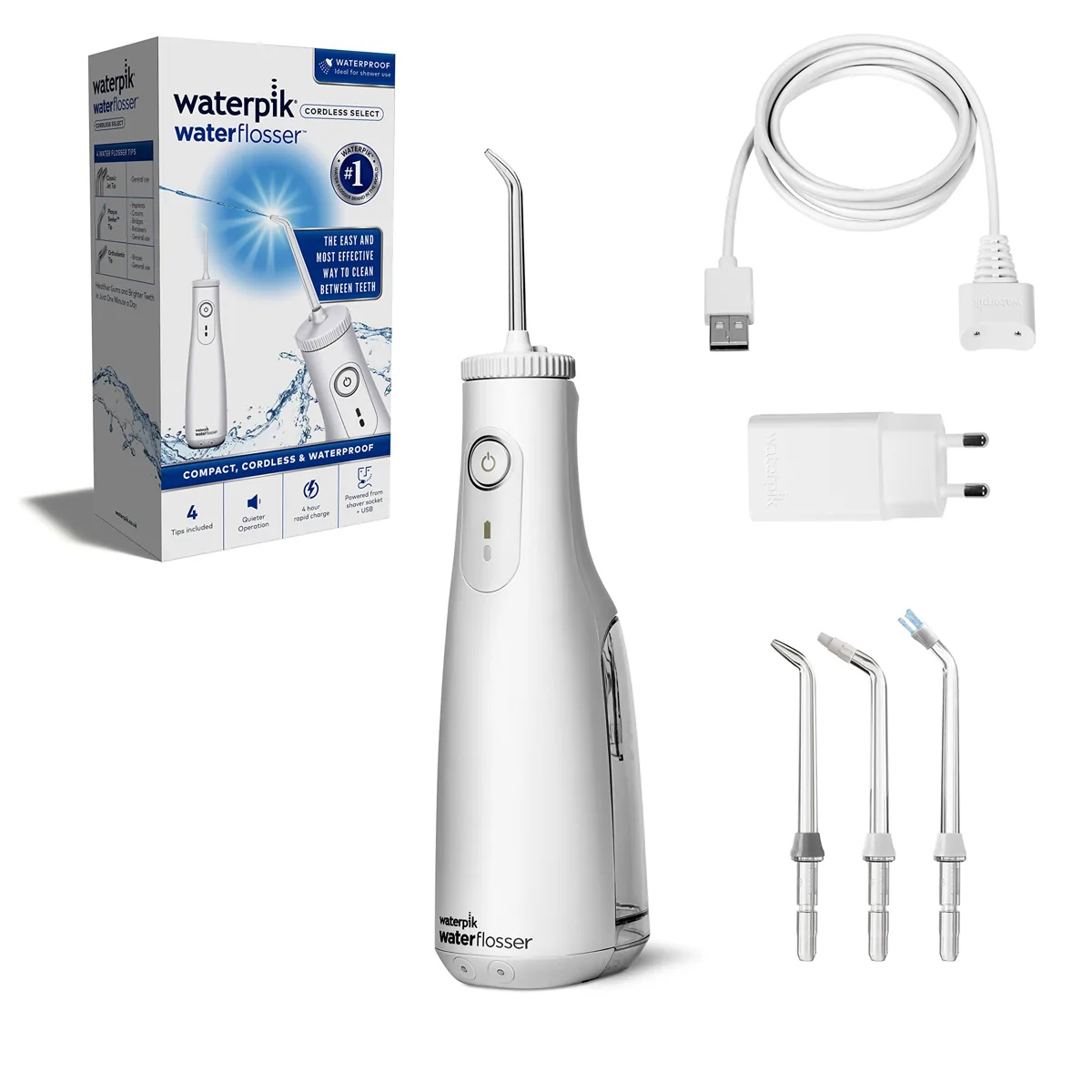 Waterpik Cordless Select WF-10 irrigador dental portátil blanco · 360° · USB magnético · apto ducha