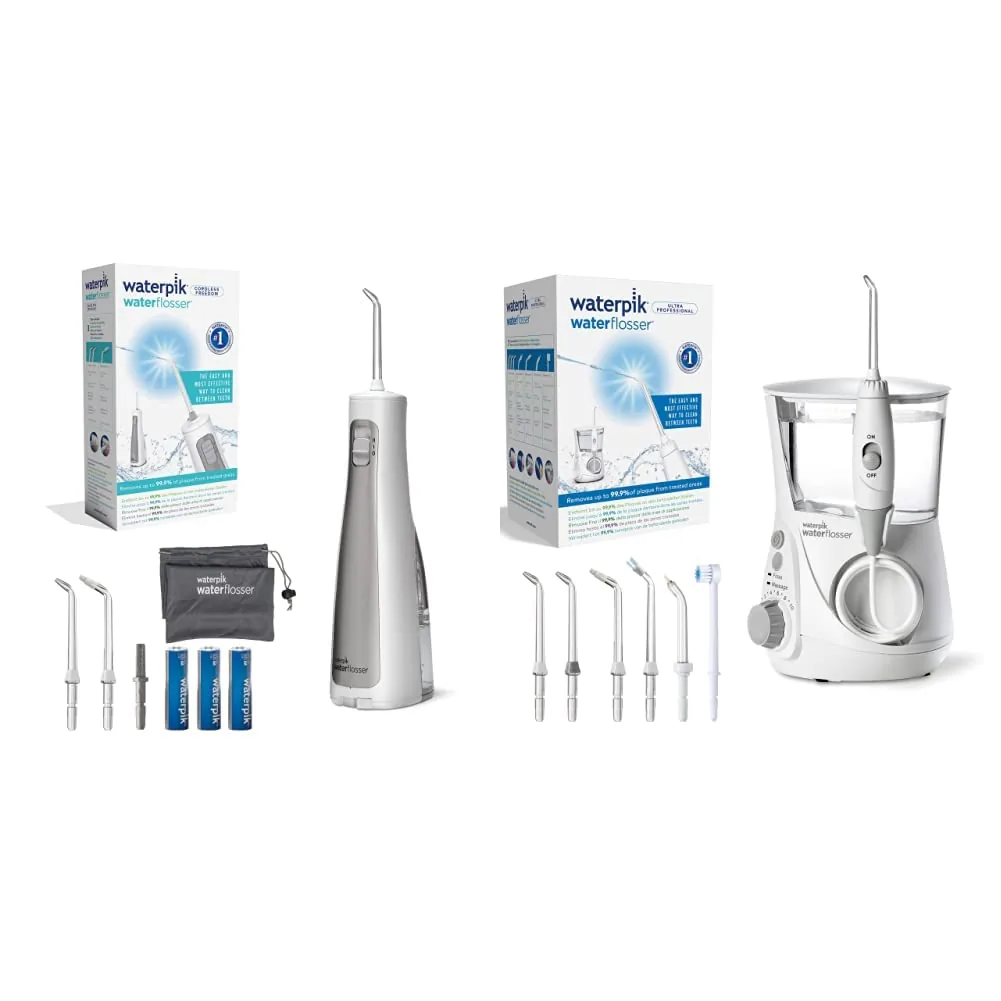 Waterpik pack: irrigador inalámbrico portátil con batería + irrigador de sobremesa profesional